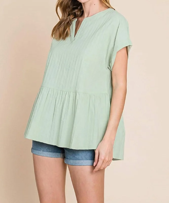 Ruched Notched Short Sleeve Blouse In Sage