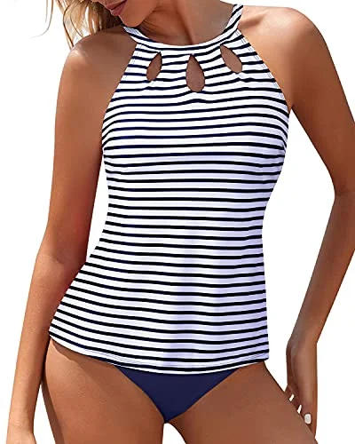 Two Piece Bathing Suit Flattering Design Backless Tankini-Blue White Stripe