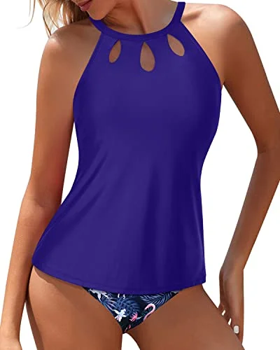 Laides Tummy Control Swimsuit 2 Piece High Neck Bathing Suit-Blue Flamingo