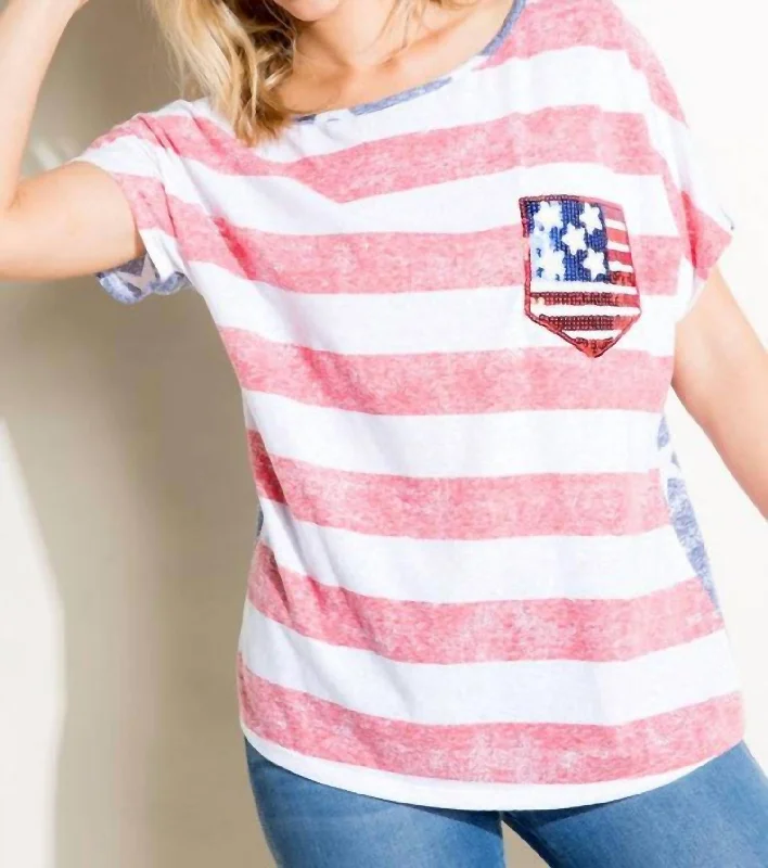 American Flag Plus Tee With Sequin Pocket Plus In Red And White