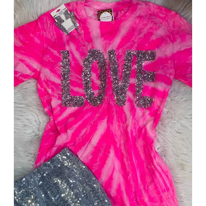 Women's Sequin Love Neon Tie Dye Tee In Pink