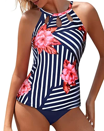 Two Piecehigh Waisted High Neck Tankini Swimsuits For Women-Blue Floral