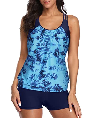 Racerback Sporty Tankini Tops For Women Modest Coverage-Blue Tie Dye