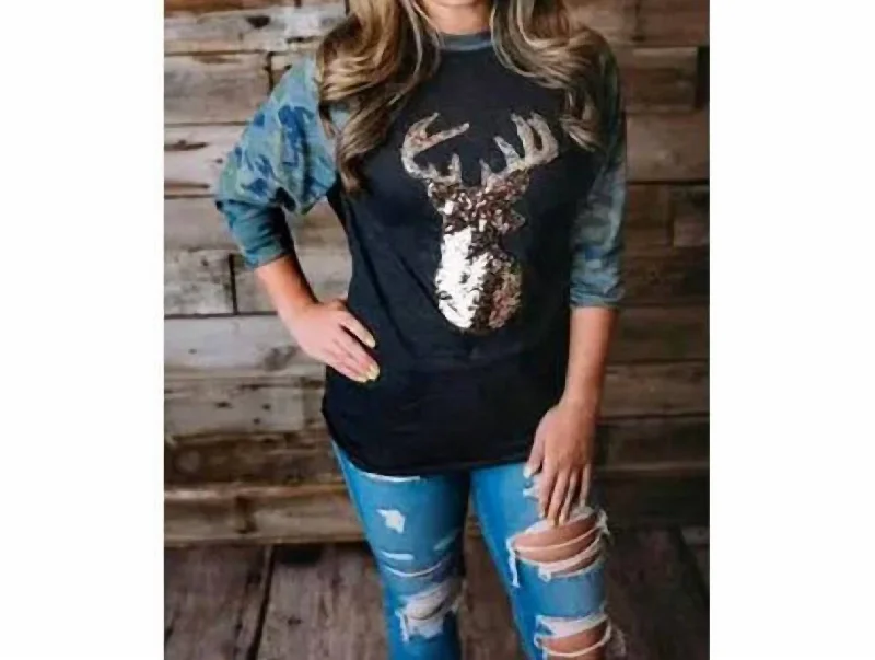 Raglan With Gold Sequin Deer Head Tee In Camo