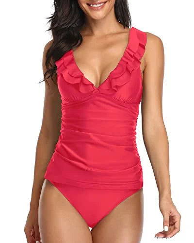 2 Piece Falbala Ruffle Flounce Tankini Swimsuits Deep V Neck Swimwear-Red