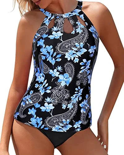 Tummy Control High Neck Tankini High Waisted Swim Shorts-Black Floral