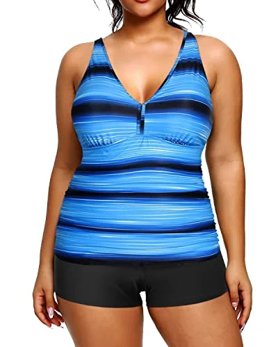 High Waisted Plus Size Tankini Shorts Bathing Suits-Blue And Black Stripe