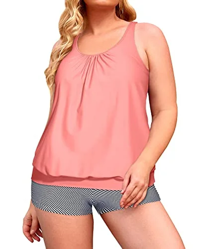 Plus Size Blouson Tankini Boy Shorts Swimsuits For Women-Coral Pink Stripe