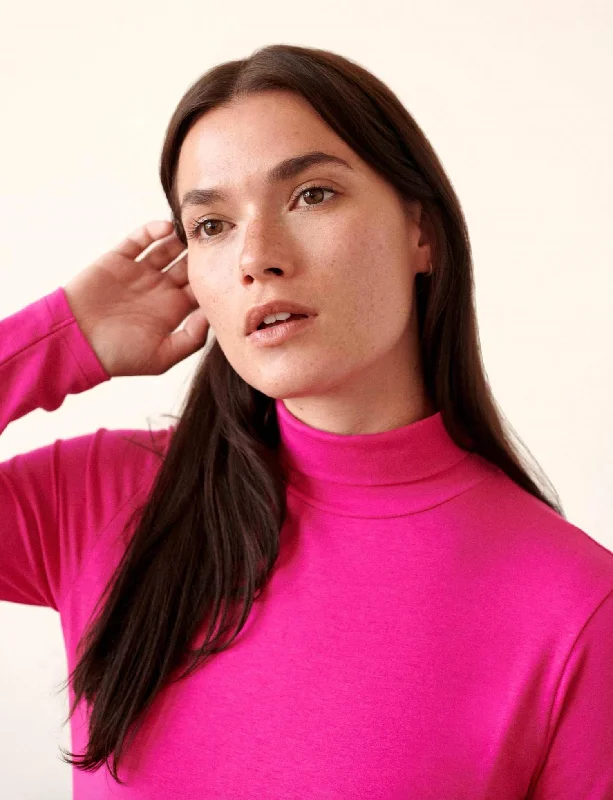 Scrunch Neck Tee Top In Electric Pink