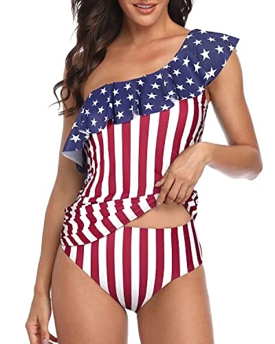 Women's Two Piece Ruffle Swimwear One Shoulder Tankini-Flag