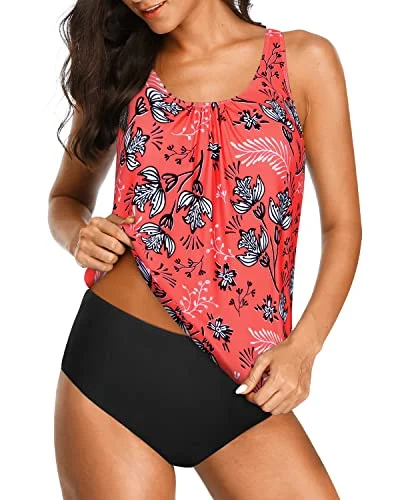 Tankini Swimsuits Removable Soft Bra And Triangle Briefs-Red Floral