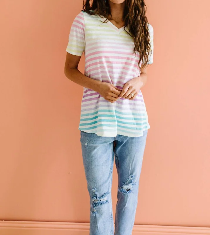 Striped V-Neck Tee In Burnout Pastel