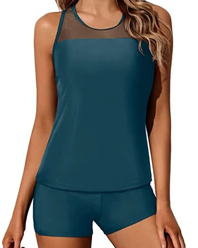 Mesh Shoulder And Racerback Athletic Racerback Tankini Swimsuits-Teal