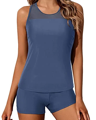 Tummy Control Tankini Boyshorts Swimwear Set For Women-Blue