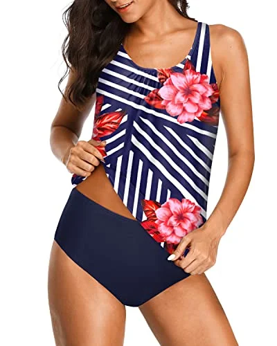 Charming Two Piece High Neck Tankini Bathing Suits For Women-Blue Floral