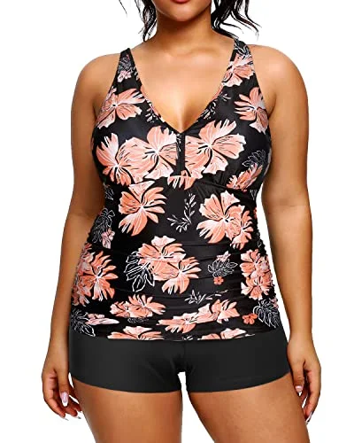 Two Piece Plus Size Tankini Shorts Bathing Suits For Women-Black Orange Floral