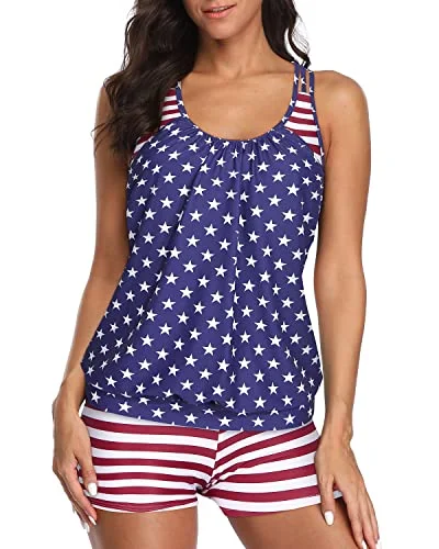 T-Back Blouson Tankini Top Boyshorts Athletic Two Piece Swimsuits For Women-Us Flag