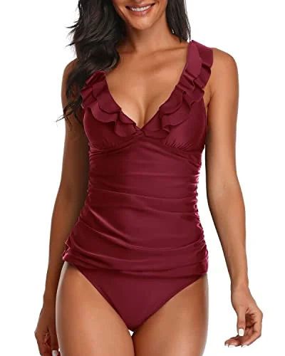 2 Piece Deep V Neck Swimwear Ruffle Flounce Tankini Swimsuits-Maroon