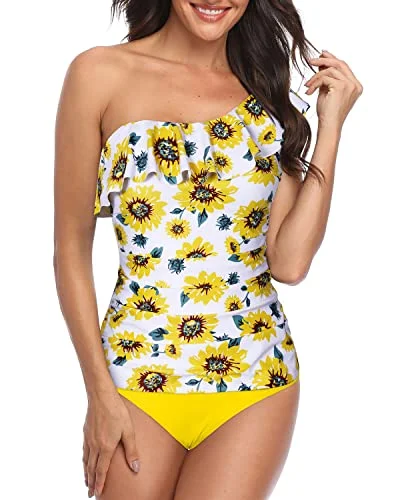 Flounce Trimmed Tankini One Shoulder Swimsuits For Women-Yellow And Sunflower