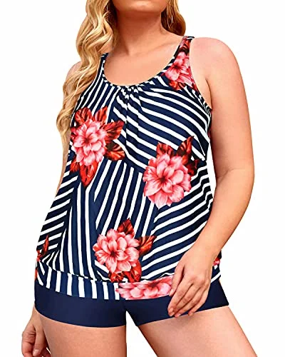 Two Piece Bathing Suits Plus Size Tankini Swimsuits For Women-Blue Floral