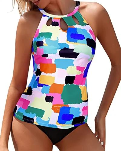 Halter Neckline Top & Full Coverage Bottom Two Piece Tankini Swim Suit-Aqua