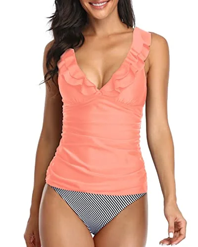 Women's Plunging Deep V Neck Swimwear Ruched Design-Coral Pink Stripe