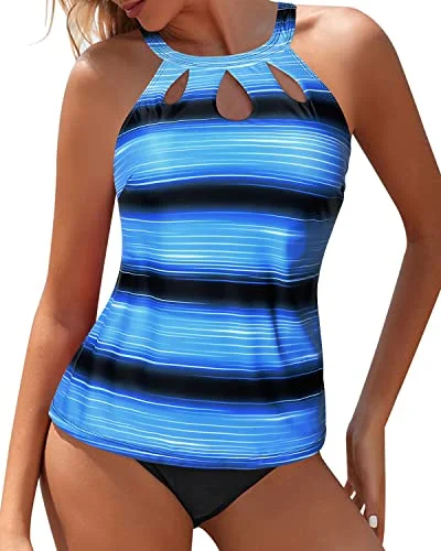 Flattering Keyhole High Neck Tankini Swimsuit For Women-Blue And Black Stripe