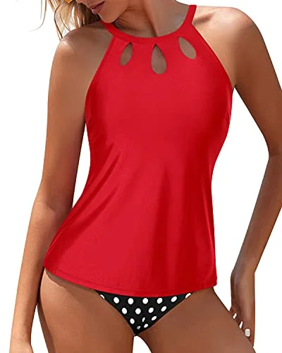 Halter High Neck Tankini High Waisted Swim Shorts-Red Dot