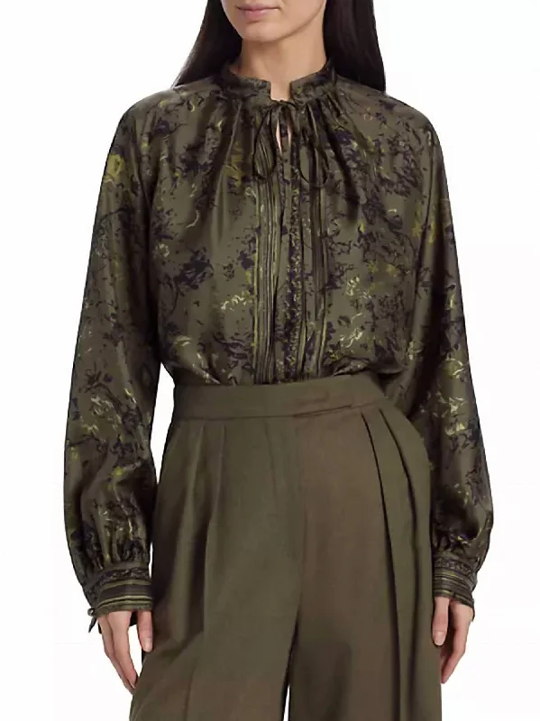 Exclusive Markdowns For A Short Time Ardenne Floral Print Silk Twill Blouse In Khaki