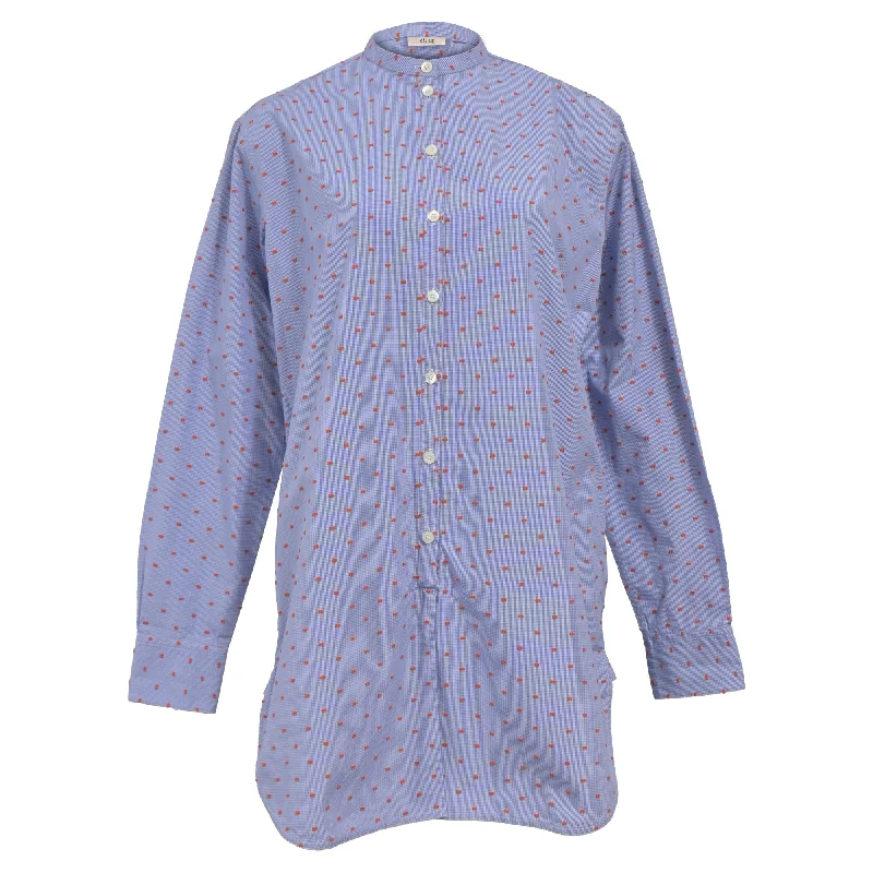 Sustainable Fashion Extravaganza Celine Polka Dot Print Mock Neck Tunic in Light Blue Cotton