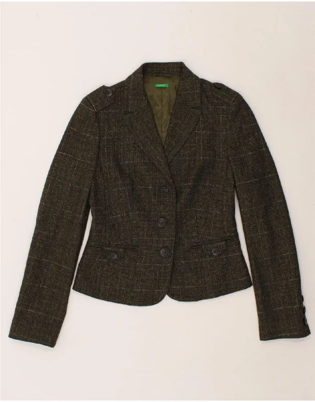 Flash Discount BENETTON Womens 3 Button Blazer Jacket IT 42 Medium Khaki Check Wool