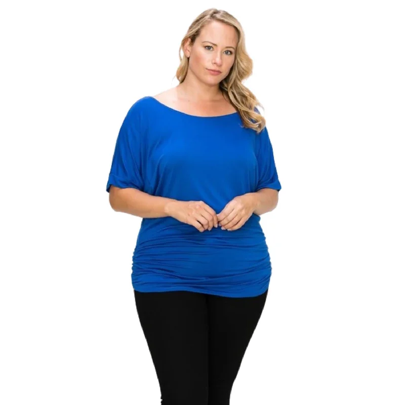 Limited Styles Short Sleeve Top Featuring A Round Neck And Ruched Sides