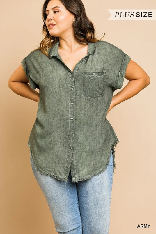 Casual Fashion Washed Button Up Short Sleeve Top With Frayed Hemline
