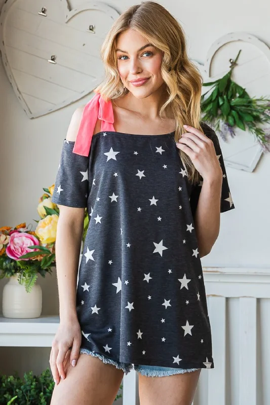 Trendy Women's Wear Collection Full Size Star Print Asymmetrical Neck Short Sleeve Top