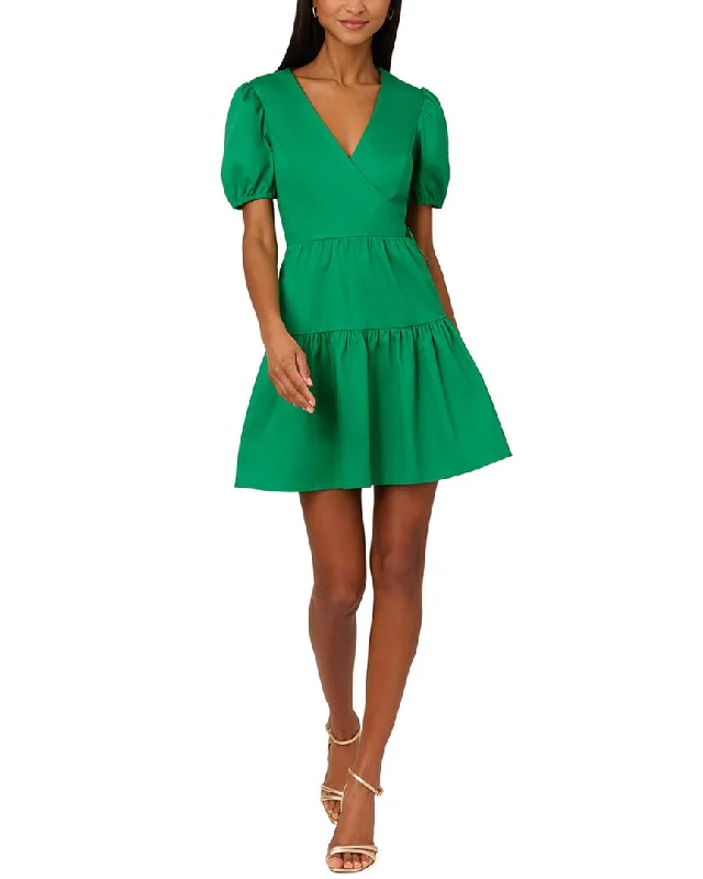 Adrianna Papell V-Neck Puff Sleeves Stretch Short Dress