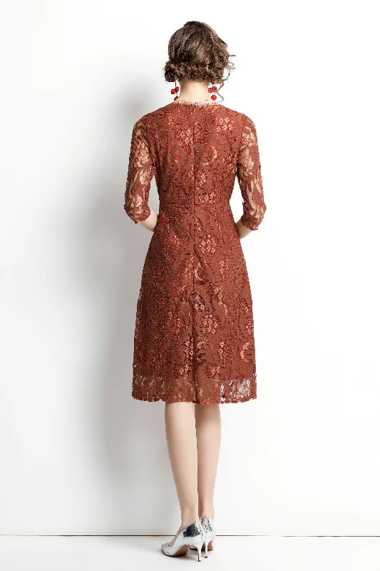 Brown Cocktail & Party A-line Crewneck Elbow Sleeve Knee Lace Dress