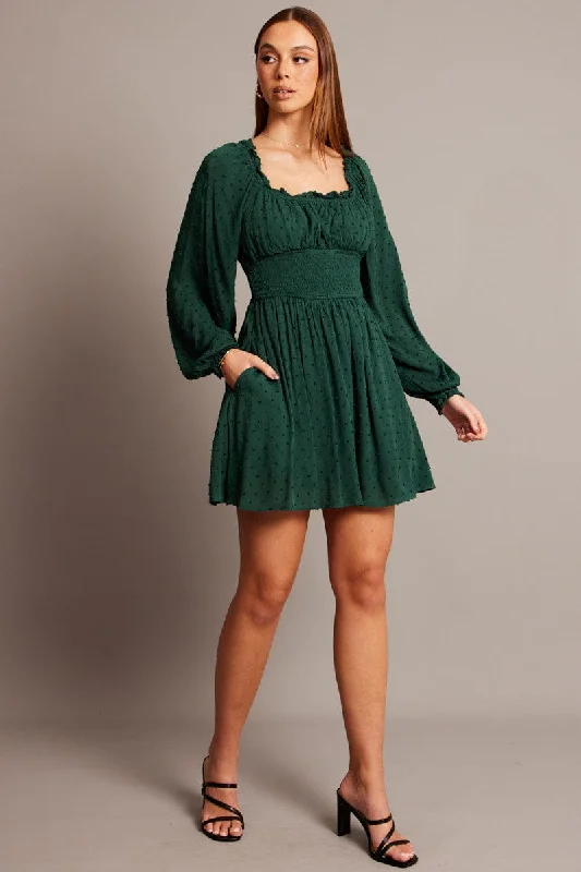 Green Fit And Flare Dress Long Sleeve Mini