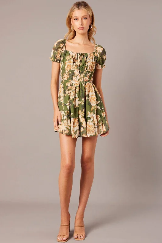 Green Floral Fit And Flare Dress Puff Sleeve Mini Floral print