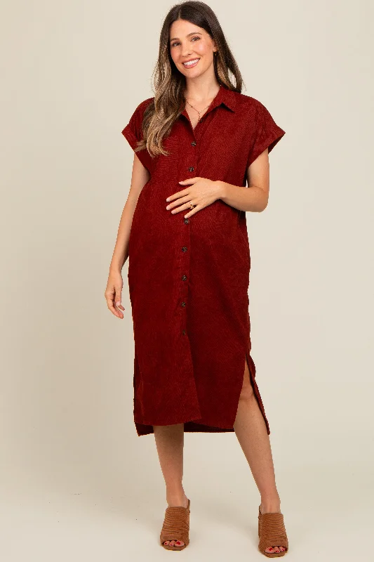 Rust Corduroy Button Down Maternity Midi Dress