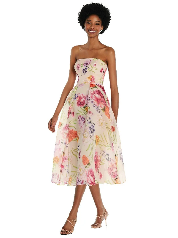 Strapless Pink Floral Organdy Midi Dress