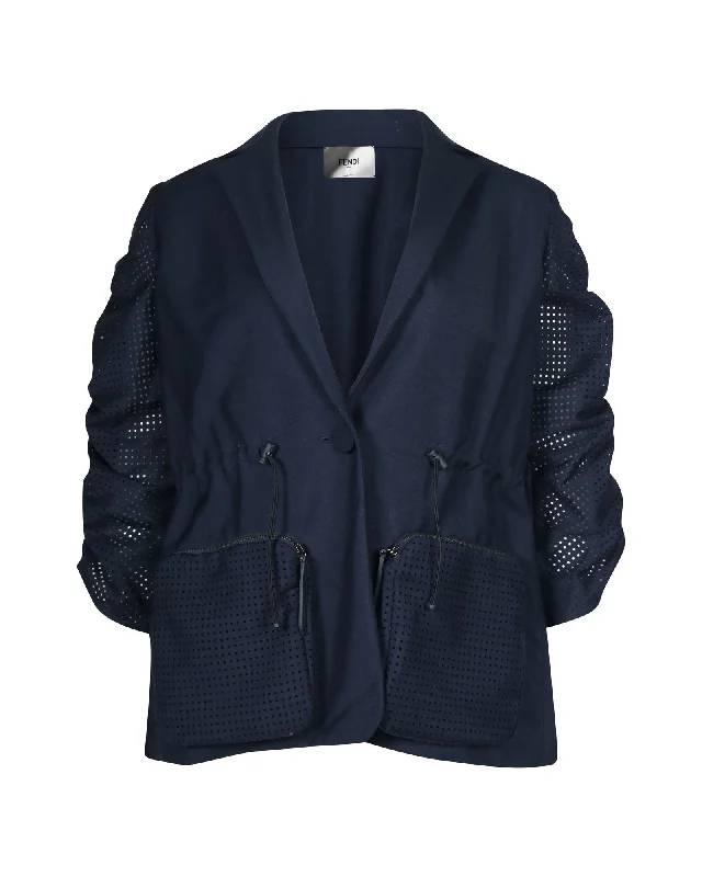 Fendi Puff Sleeve Drawstring Jacket in Navy Blue Cotton