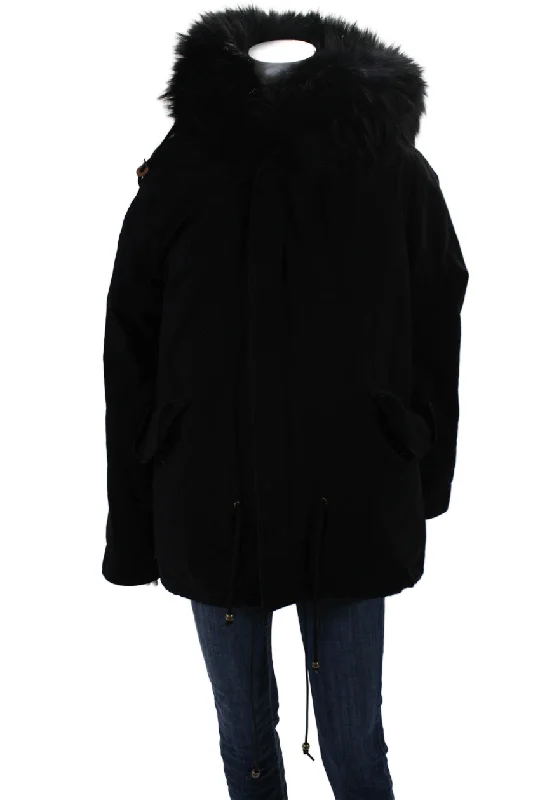 H Brand Women's Hood Long Sleeves Full Zip Raccoon Fur Coat Black