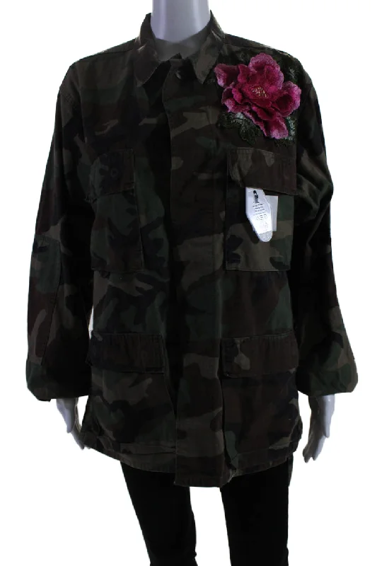 Josie Bruno Vintage Womens Green Camouflaged Floral Applique Jacket