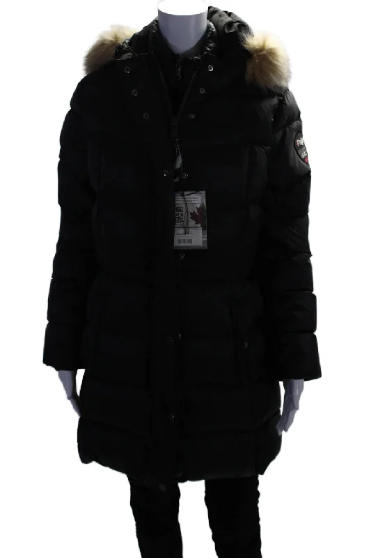 Pajar Womens Faux Fur Trim Hooded Full Zipper Puffer Coat Black