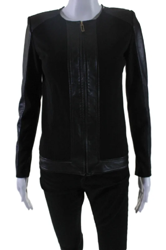 St. John Collection Womens Leather Patchwork Open Front Jacket Black