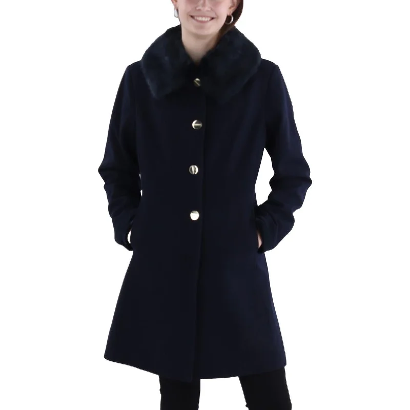 Womens Faux Fur Trim Long Wool Coat