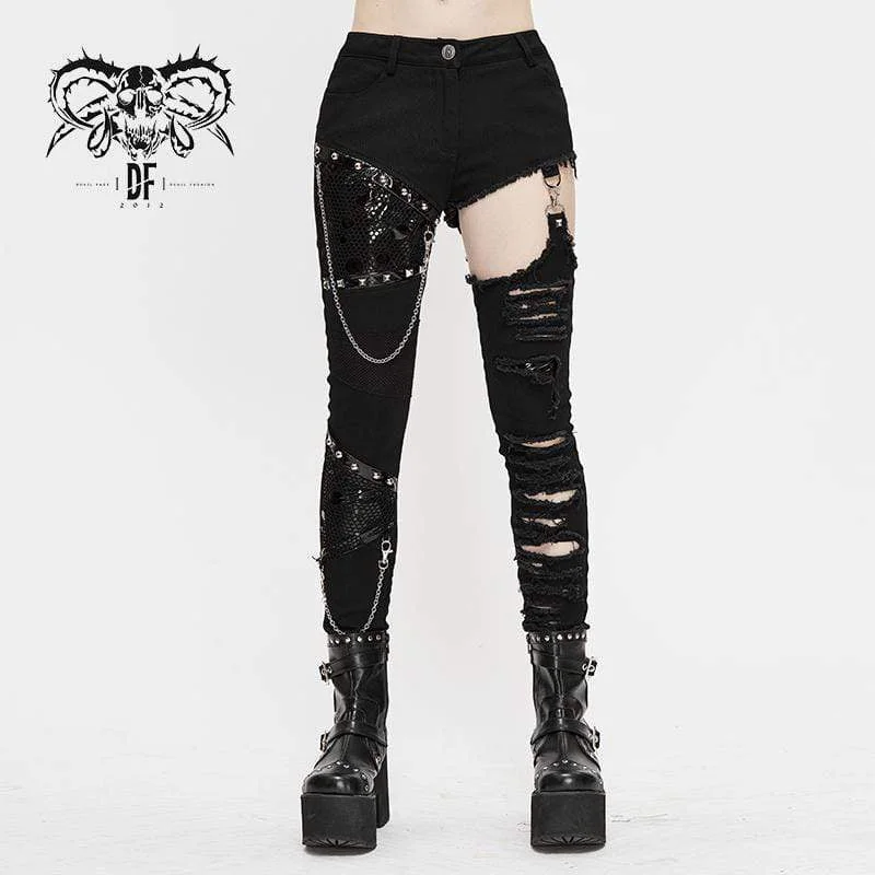 Women's Grunge Cutout Ripped Pants With Rivets And Chains