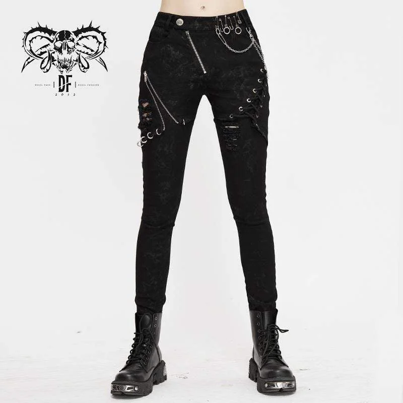 Women's Punk Zip Strappy Chains Pants